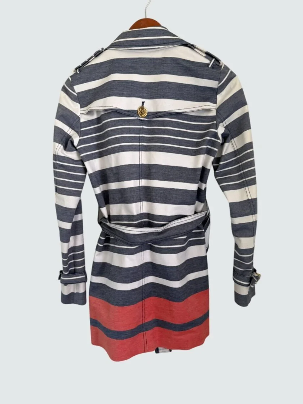 Michael Kors Womens Striped Double-Breasted Trench Coat XS Navy White Coral